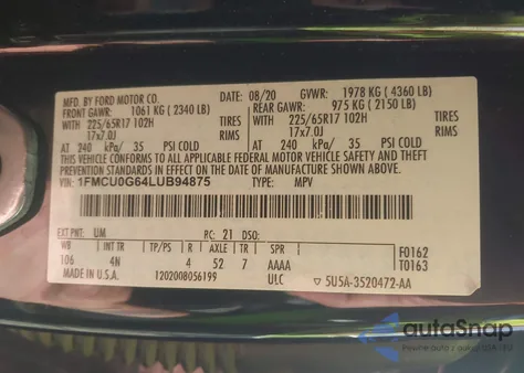 2020 Ford Escape Se из США, поврежденный, VIN 1FMCU0G64LUB94875